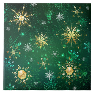 Xmas Golden Snowflakes on Green Background Ceramic Tile