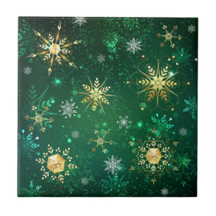 Xmas Golden Snowflakes on Green Background Ceramic Tile