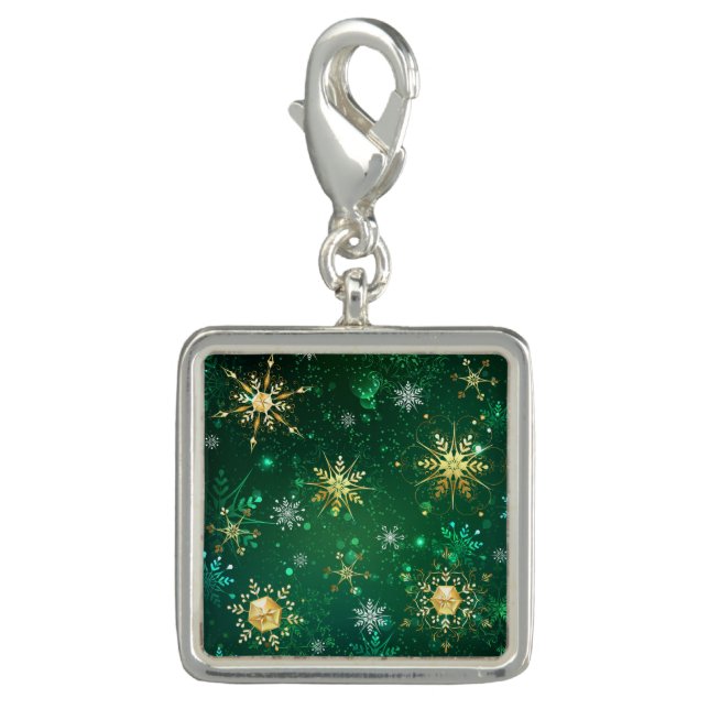 Xmas Golden Snowflakes on Green Background Charm (Front)