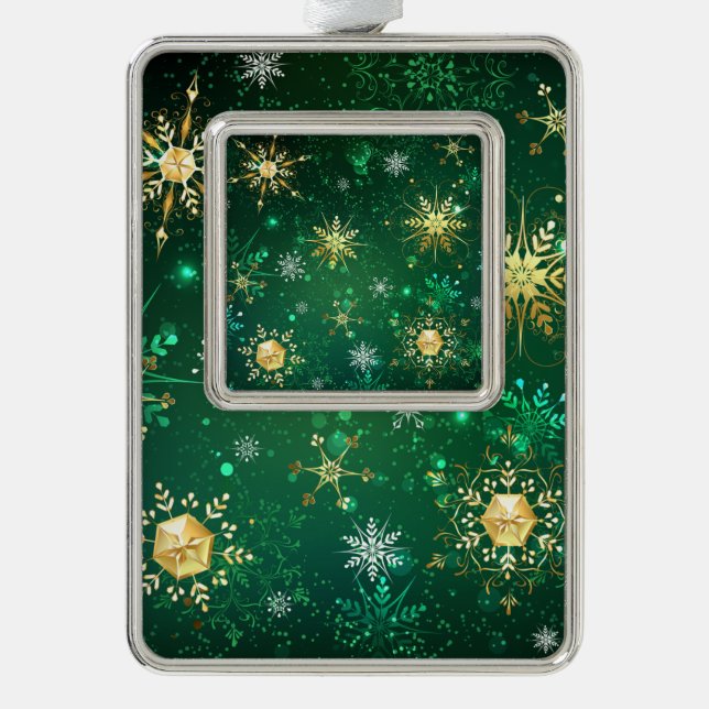 Xmas Golden Snowflakes on Green Background Christmas Ornament (Front)