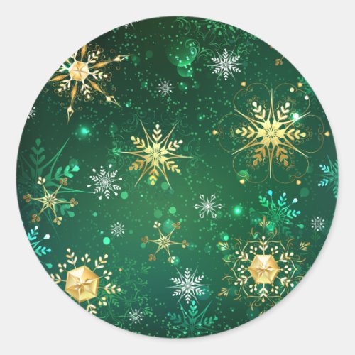 Xmas Golden Snowflakes on Green Background Classic Round Sticker