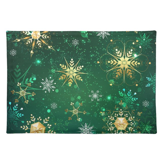 Xmas Golden Snowflakes on Green Background Cloth Placemat (Front)