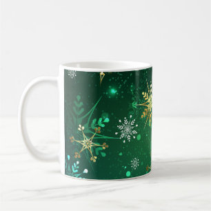 Xmas Golden Snowflakes on Green Background Coffee Mug