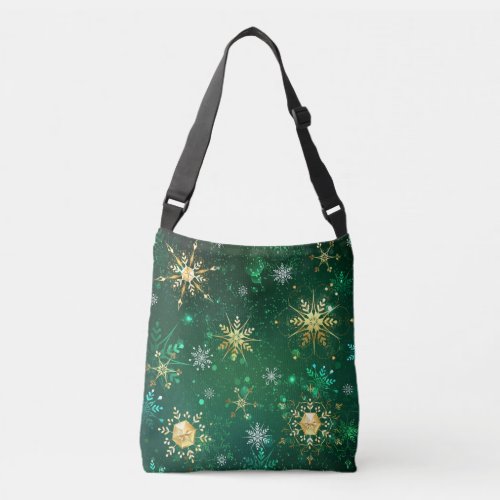 Xmas Golden Snowflakes on Green Background Crossbody Bag