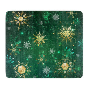 Xmas Golden Snowflakes on Green Background Cutting Board