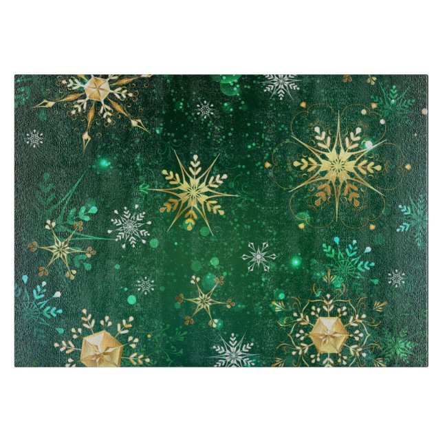 Xmas Golden Snowflakes on Green Background Cutting Board (Front)