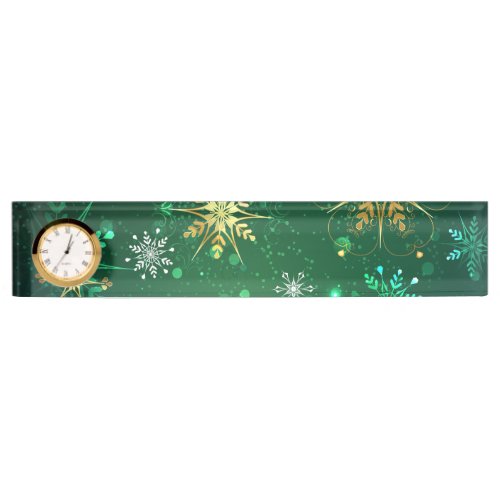 Xmas Golden Snowflakes on Green Background Desk Name Plate