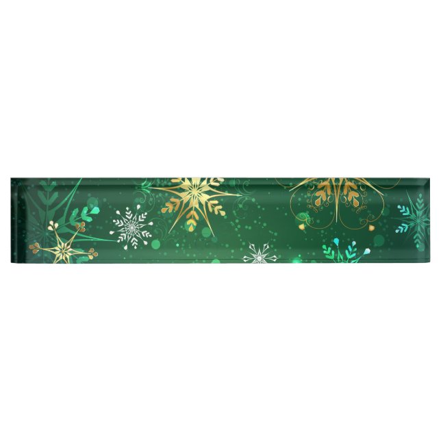 Xmas Golden Snowflakes on Green Background Desk Name Plate (Front)