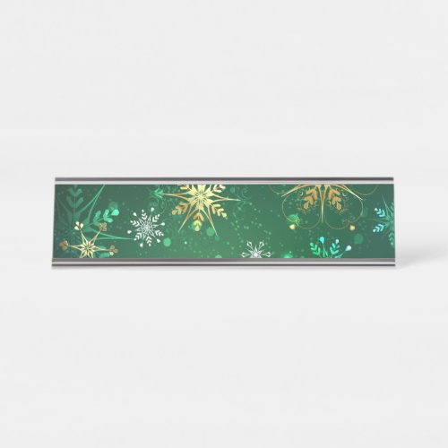 Xmas Golden Snowflakes on Green Background Desk Name Plate