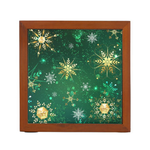 Xmas Golden Snowflakes on Green Background Desk Organizer