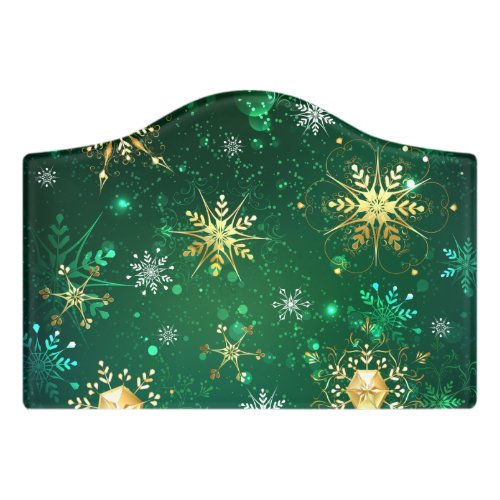 Xmas Golden Snowflakes on Green Background Door Sign