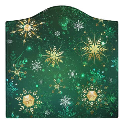 Xmas Golden Snowflakes on Green Background Door Sign