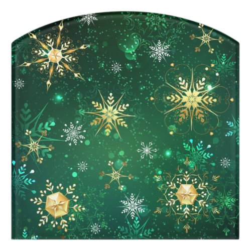 Xmas Golden Snowflakes on Green Background Door Sign