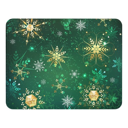 Xmas Golden Snowflakes on Green Background Door Sign