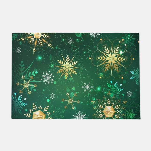 Xmas Golden Snowflakes on Green Background Doormat (Front)