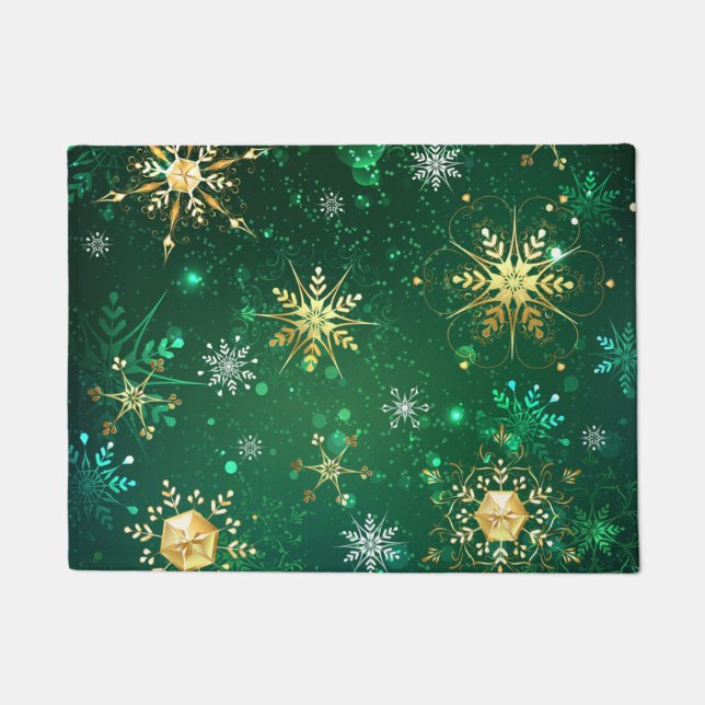Xmas Golden Snowflakes on Green Background Doormat (Front)