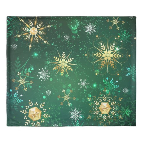 Xmas Golden Snowflakes on Green Background Duvet Cover