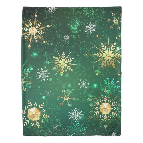 Xmas Golden Snowflakes on Green Background Duvet Cover