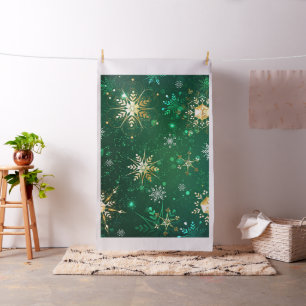 Xmas Golden Snowflakes on Green Background Fabric