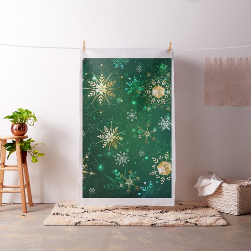 Xmas Golden Snowflakes on Green Background Fabric