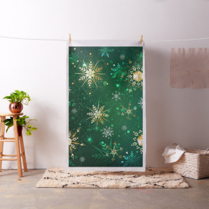 Xmas Golden Snowflakes on Green Background Fabric