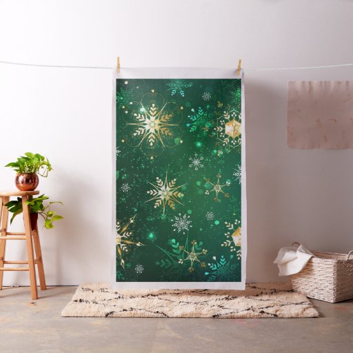 Xmas Golden Snowflakes on Green Background Fabric