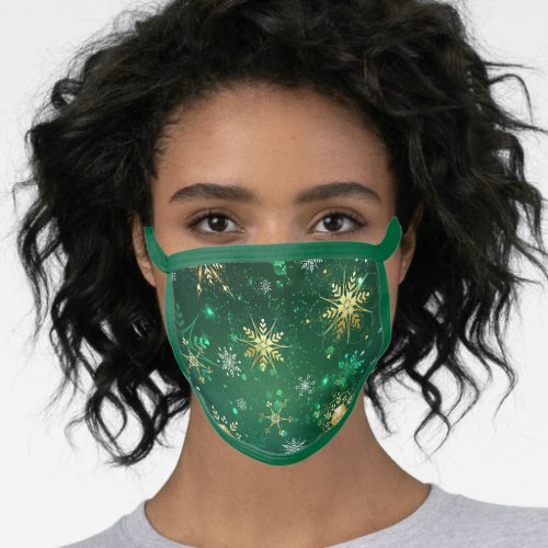 Xmas Golden Snowflakes on Green Background Face Mask