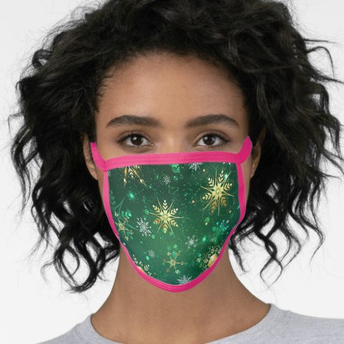 Xmas Golden Snowflakes on Green Background Face Mask