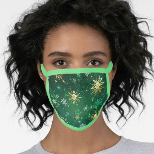 Xmas Golden Snowflakes on Green Background Face Mask