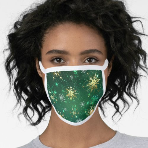 Xmas Golden Snowflakes on Green Background Face Mask