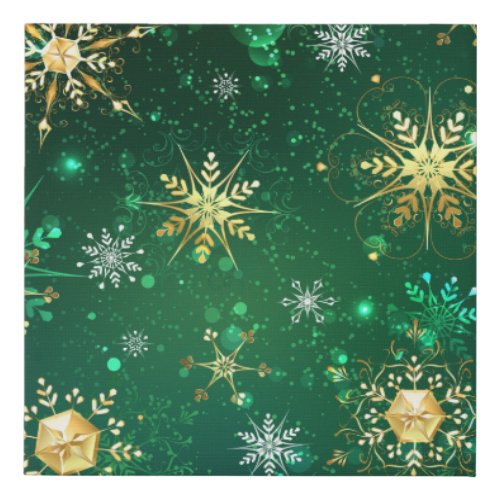 Xmas Golden Snowflakes on Green Background Faux Canvas Print