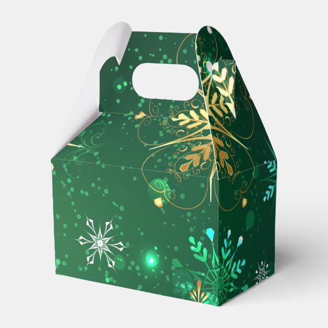 Xmas Golden Snowflakes on Green Background Favor Boxes (Front Side)