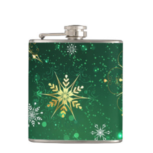 Xmas Golden Snowflakes on Green Background Flask