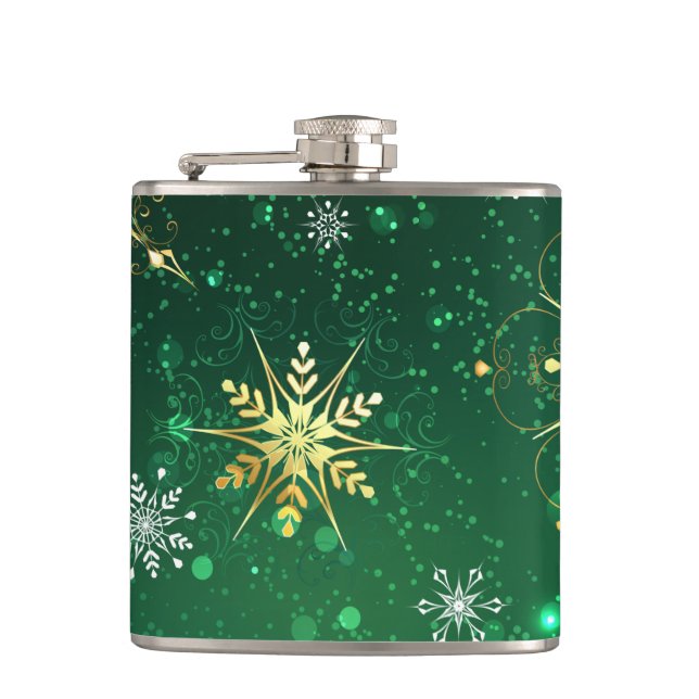 Xmas Golden Snowflakes on Green Background Flask (Front)