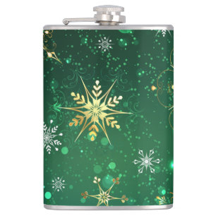 Xmas Golden Snowflakes on Green Background Flask