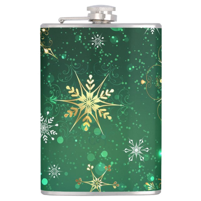 Xmas Golden Snowflakes on Green Background Flask (Front)