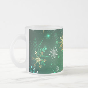 Xmas Golden Snowflakes on Green Background Frosted Glass Coffee Mug
