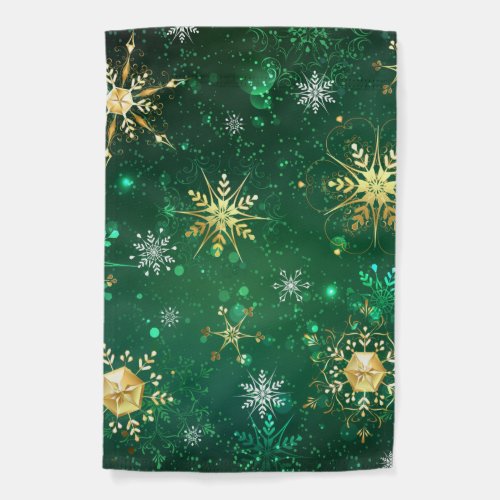 Xmas Golden Snowflakes on Green Background Garden Flag