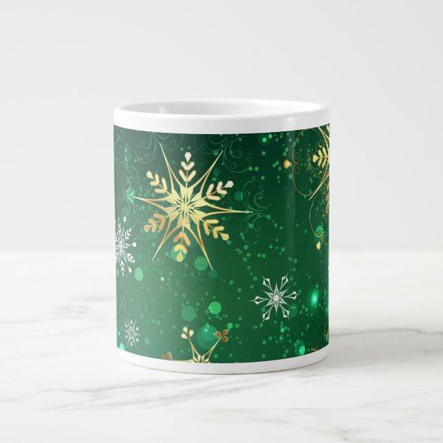 Xmas Golden Snowflakes on Green Background Giant Coffee Mug (Front)