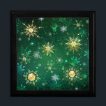 Xmas Golden Snowflakes on Green Background Gift Box<br><div class="desc">Green Christmas background with gold and green jewelry snowflakes. Golden snowflakes. Xmas.</div>