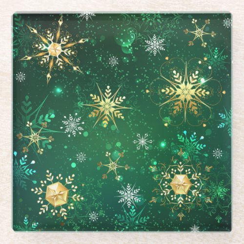 Xmas Golden Snowflakes on Green Background Glass Coaster