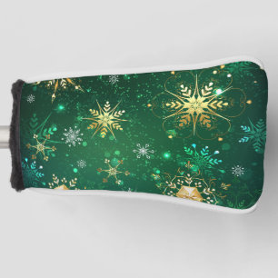 Xmas Golden Snowflakes on Green Background Golf Head Cover