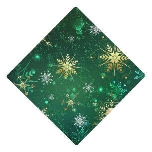 Xmas Golden Snowflakes on Green Background Graduation Cap Topper