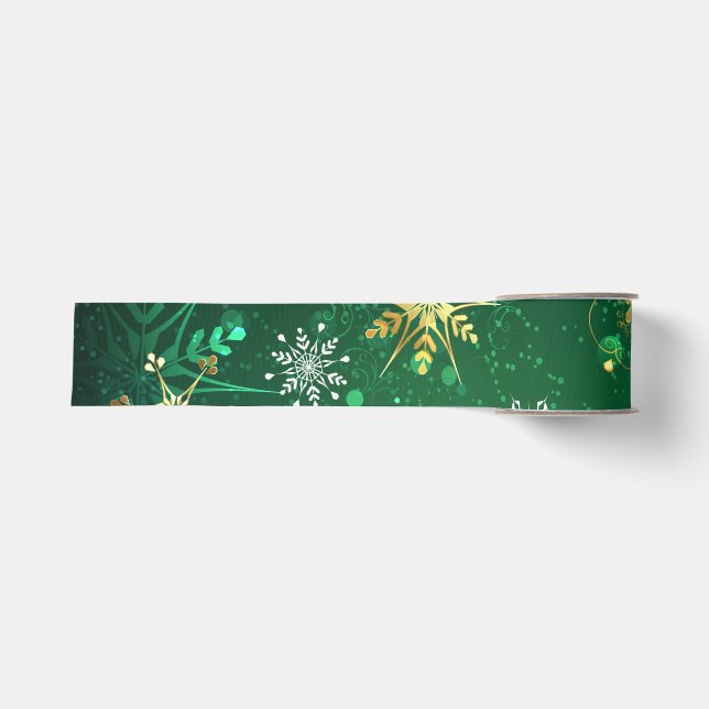 Xmas Golden Snowflakes on Green Background Grosgrain Ribbon (Front)
