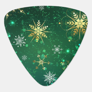 Xmas Golden Snowflakes on Green Background Guitar Pick