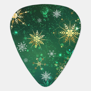 Xmas Golden Snowflakes on Green Background Guitar Pick