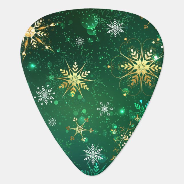 Xmas Golden Snowflakes on Green Background Guitar Pick (Front)
