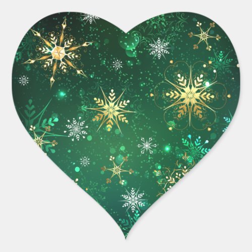 Xmas Golden Snowflakes on Green Background Heart Sticker