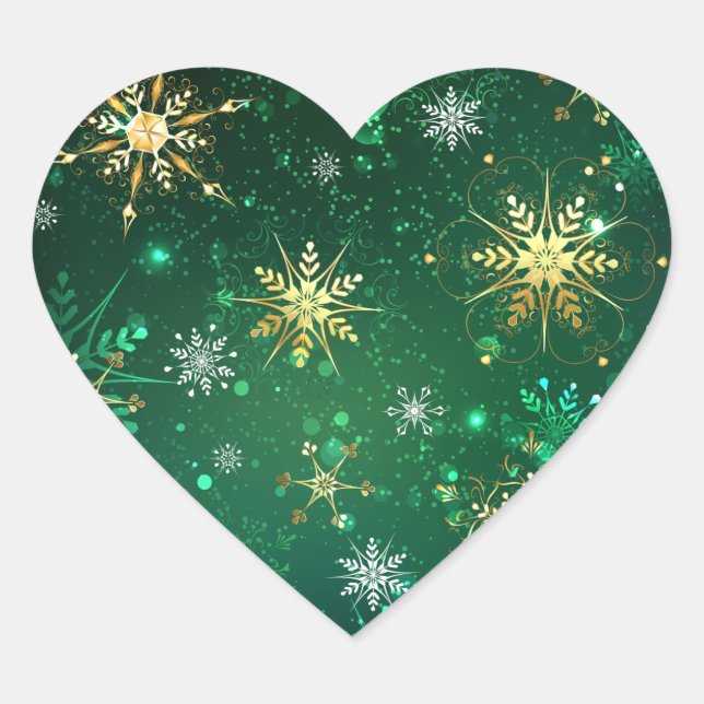 Xmas Golden Snowflakes on Green Background Heart Sticker (Front)