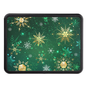 Xmas Golden Snowflakes on Green Background Hitch Cover